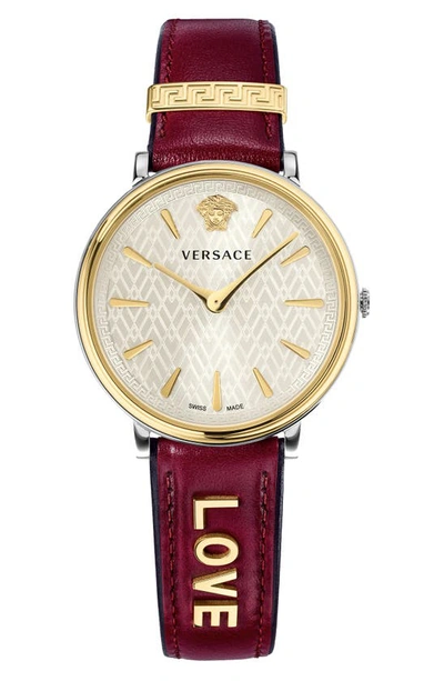 Shop Versace Manifesto Leather Strap Watch, 38mm In Ruby/ White/ Gold