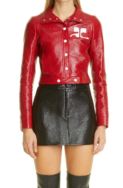 Shop Courrèges Logo Patch Coated Stretch Cotton Crop Jacket In Groseille