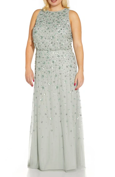 Shop Adrianna Papell Beaded Halter Blouson Gown In Frosted Sage