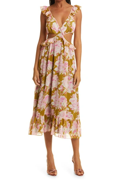 Likely Katerina Ruffle-embellished Floral Midi-dress In Olive Oil