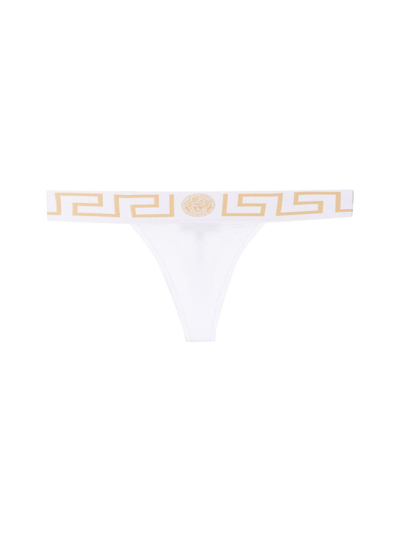 Shop Versace Thong With Greek Key In White