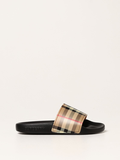 Shop Burberry Rubber Sandals With Check Pattern In Black