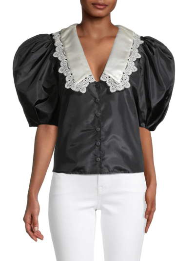 Shop Delfi Collective Women's London Chelsea Collar Puff Sleeve Top In Black Cream