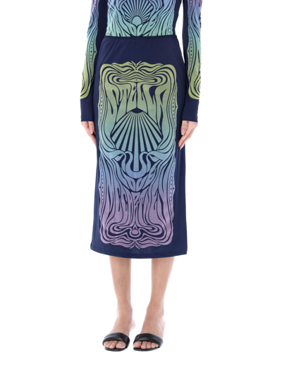Shop Stella Mccartney Midi Skirt With Velvet Applique In Multicolor Blue