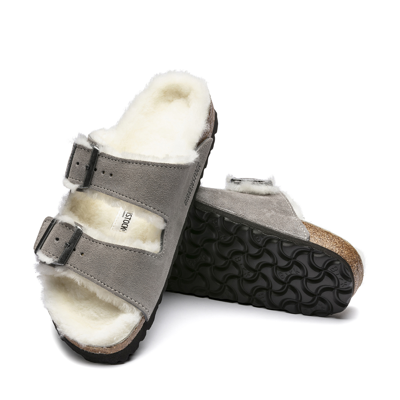 Shop Birkenstock Arizona Shearling-lined  Sandal In Suede,shearling,stone Coin