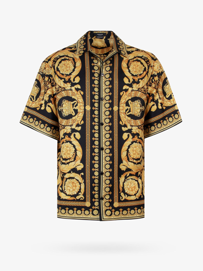 Versace Black And Gold Silk Shirt In Brown | ModeSens