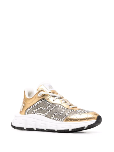 Shop Versace Crystal-embellished Low-top Sneakers In Gold
