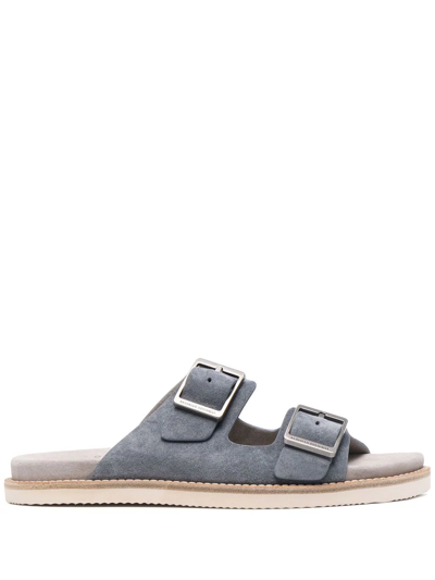 Shop Brunello Cucinelli Buckle-fastening Suede Slides In Grey