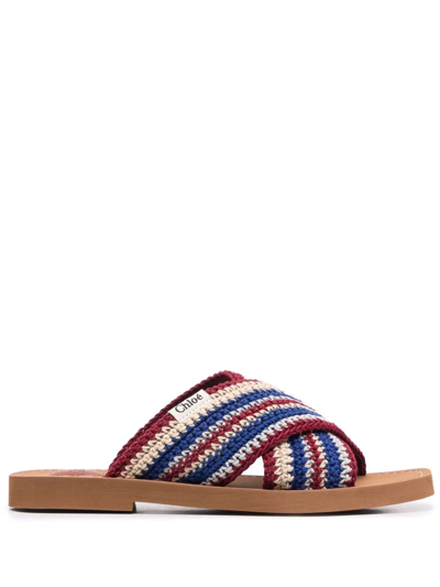 Chloé Multicolor Crochet Woody Flat Sandals In Blue