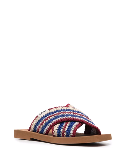 Chloé Multicolor Crochet Woody Flat Sandals In Blue
