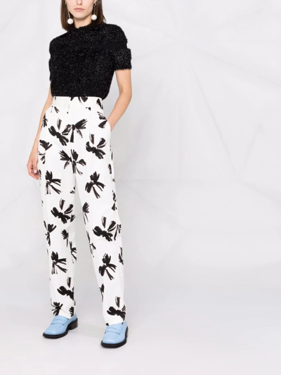 Shop Msgm Bow-print Straight Tailored Trousers In White