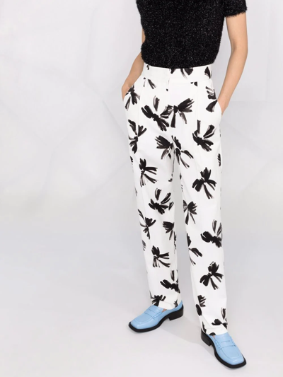 Shop Msgm Bow-print Straight Tailored Trousers In White