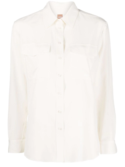 Shop Hugo Boss Short-sleeve Silk Shirt In Neutrals