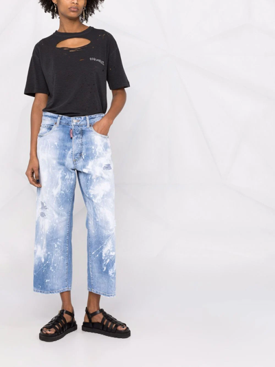 Dsquared2 Distressed Paint-splattered Wide-leg Jeans In Blue