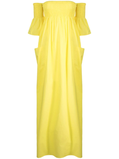 Shop Semicouture Off-shoulder Cotton Dress In Yellow