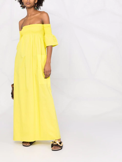 Shop Semicouture Off-shoulder Cotton Dress In Yellow