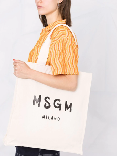 Shop Msgm Logo-print Tote Bag In Neutrals