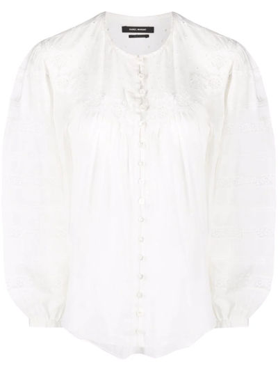 Shop Isabel Marant Band-collar Long-sleeve Blouse In White