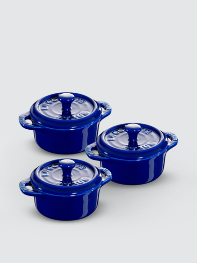 Shop Staub 3-piece Mini Round Cocotte Set In Dark Blue