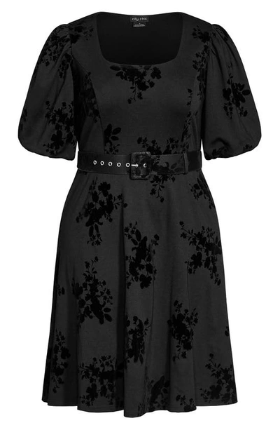 Shop City Chic Belted Velvet Floral A-line Dress In Black