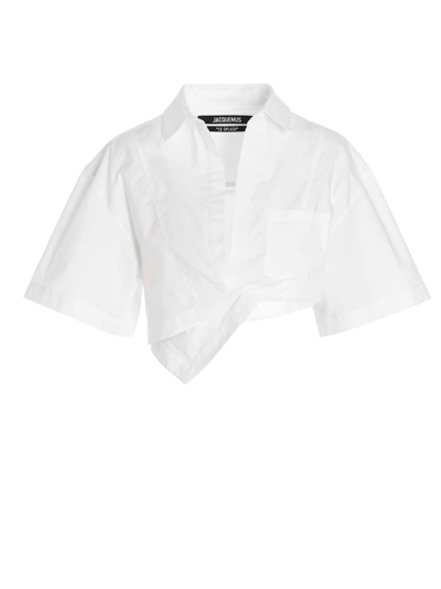Shop Jacquemus Asymmetric Hem Cropped Shirt In White