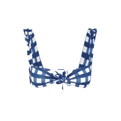 Shop Jacquemus Plaid Pattern Knotted Bikini Top In Blue