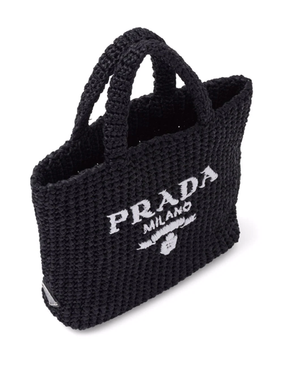 Shop Prada Logo-embroidered Raffia Tote Bag In Schwarz