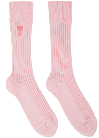 Shop Ami Alexandre Mattiussi Pink Ami De Cœur Plain Socks In Pale Pink/655