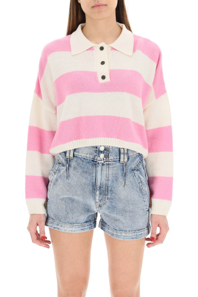 Shop Msgm Striped Boxy Knit Polo In Off White Pink (white)