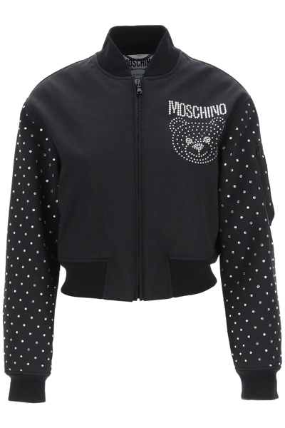 Shop Moschino Crystal Teddy Bomber Jacket In Fantasia Nero (black)