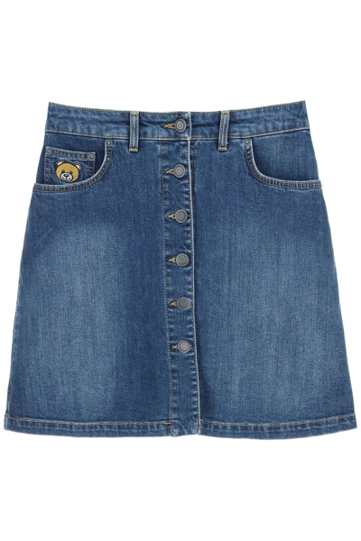Shop Moschino Teddy Bear Denim Mini Skirt In Fantasia Blu (blue)