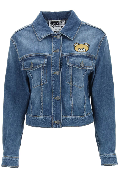 Shop Moschino Teddy Bear Denim Jacket In Fantasia Blu (blue)