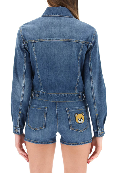 Shop Moschino Teddy Bear Denim Jacket In Fantasia Blu (blue)