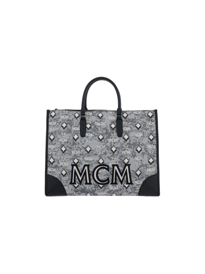 Shop Mcm Vintage Jacquard Tote Bag In Grey