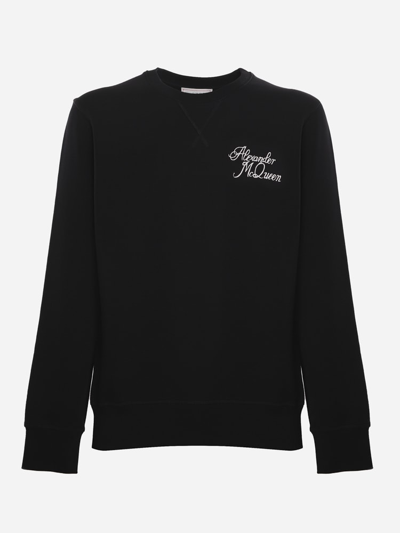 Shop Alexander Mcqueen Cotton Sweatshirt With Contrasting Graphic Print In Black