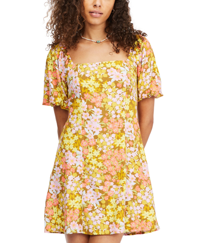 Shop Billabong Juniors' Paradise Puff-sleeve Mini Dress In Moss