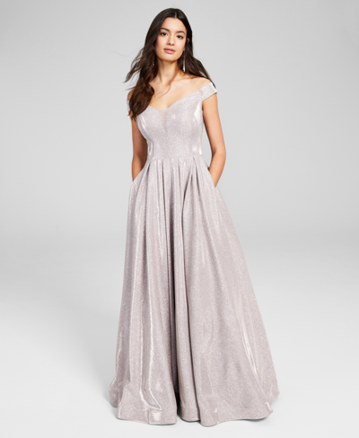 Shop B Darlin Juniors' Off-the-shoulder Glitter Gown, Created For Macy's In Rose