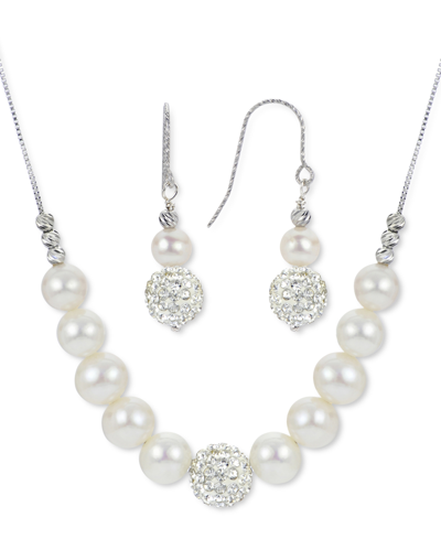 Macy's 2-pc. Set Cultured Freshwater Pearl (6-8mm) & Crystal Statement Necklace & Drop Earrings In Sterling In Silver