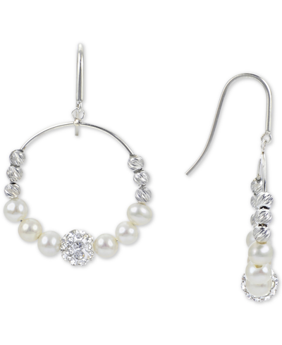 Macy's Cultured Freshwater Pearl (4-5mm) Graduated Leaf & Crystal Circle Drop Earrings In Sterling Silver In Silver