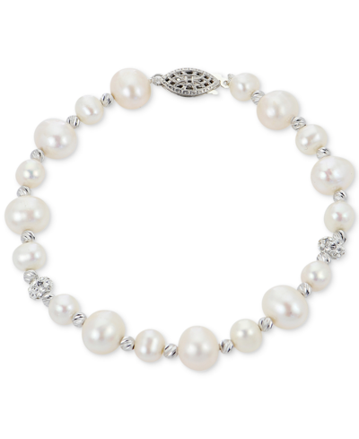 Macy's Cultured Freshwater Pearl (5-6 & 8-9mm) & Crystal Bracelet In Sterling Silver In Silver