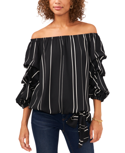 Shop Vince Camuto Women's Striped Off The Shoulder Bubble Sleeve Tie Front Blouse In Rich Black