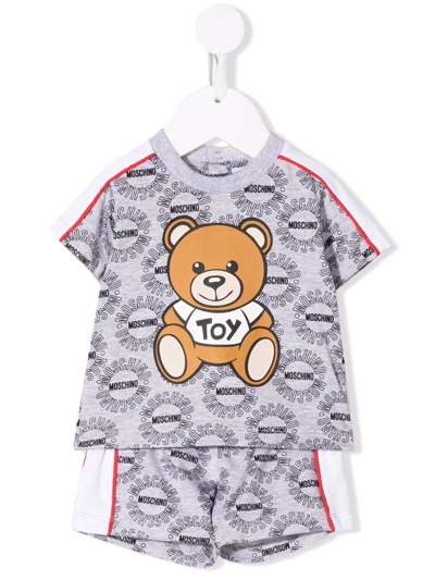 Shop Moschino Teddy Bear All-over Logo-print Shorts Set In Grey