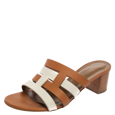 Pre-owned Hermes Brown/white Leather Amore Sandals Size 36 In Beige |  ModeSens