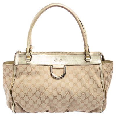 Pre-owned Gucci Beige/gold Gg Canvas And Leather D Ring Tote