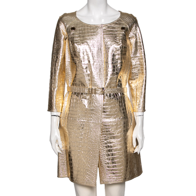 Pre-owned Versace Gold Crocodile Leather Cut-out Sleeve Detailed Belted Coat M
