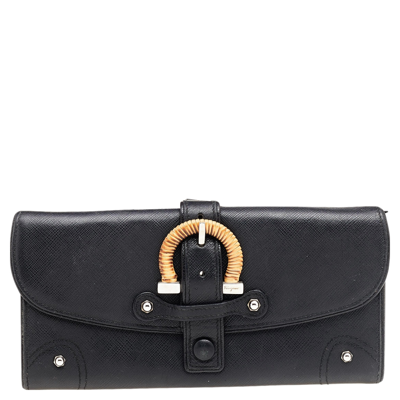 Pre-owned Ferragamo Black Leather Vintage Gancini Buckle Continental Wallet