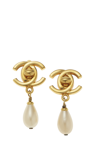 Pre-owned Chanel Gold & Faux Pearl 'cc' Turnlock Dangle Earrings