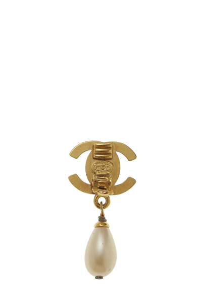 Pre-owned Chanel Gold & Faux Pearl 'cc' Turnlock Dangle Earrings