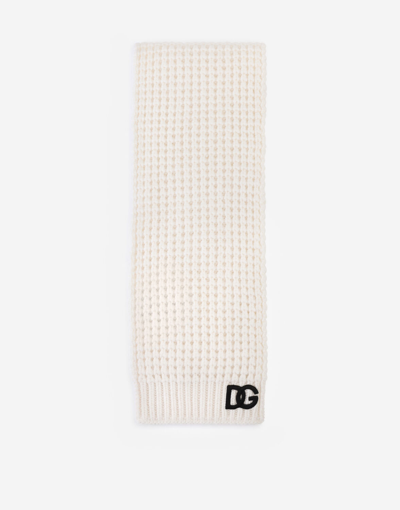 Shop Dolce & Gabbana Basketweave-stitch Scarf With Dg Logo Patch In White