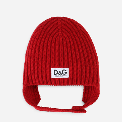 Shop Dolce & Gabbana Ribbed Knit Hat With Logo Label In Red